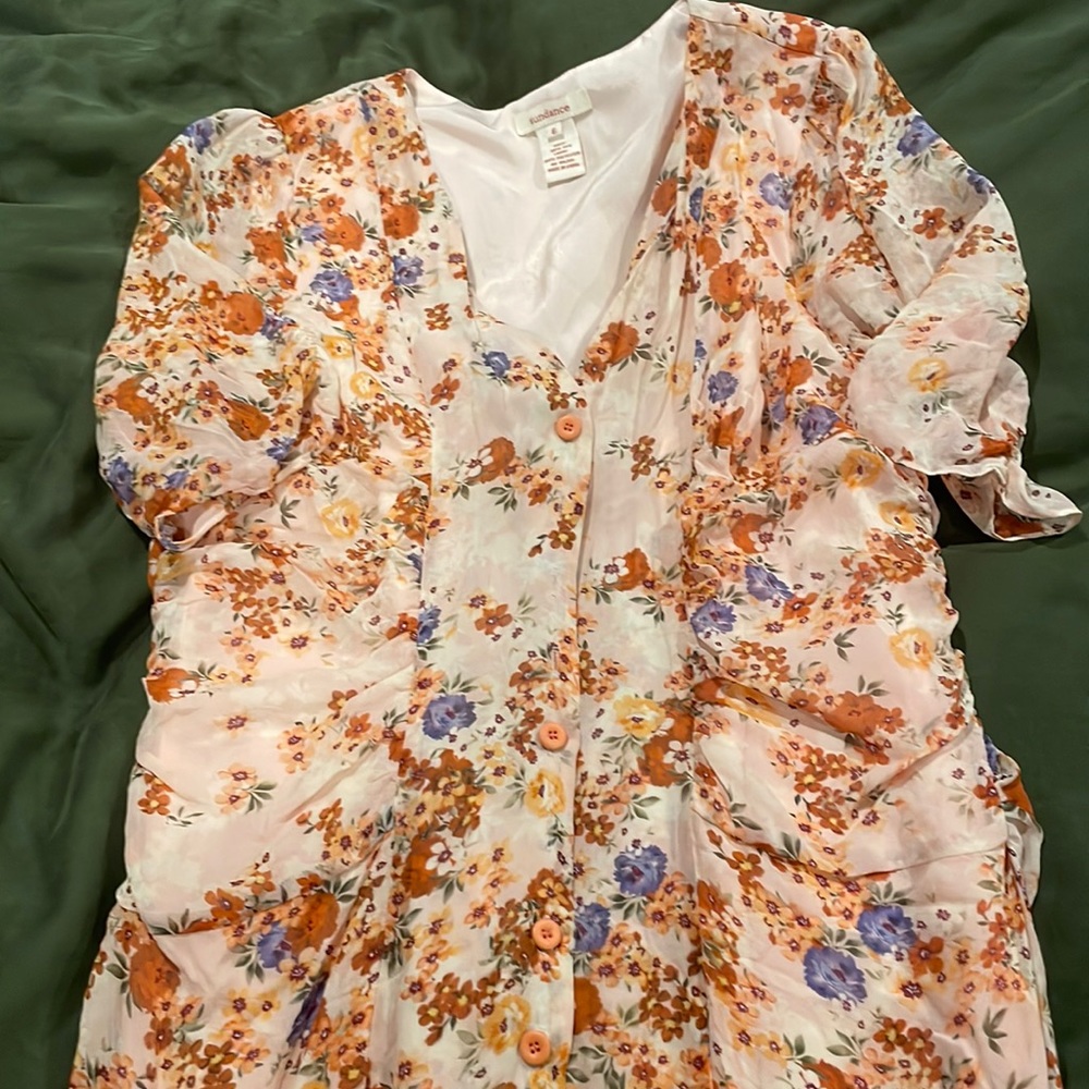 Sundance Silk Floral V Neck Short Sleeve Button Front Midi Dress Size 6